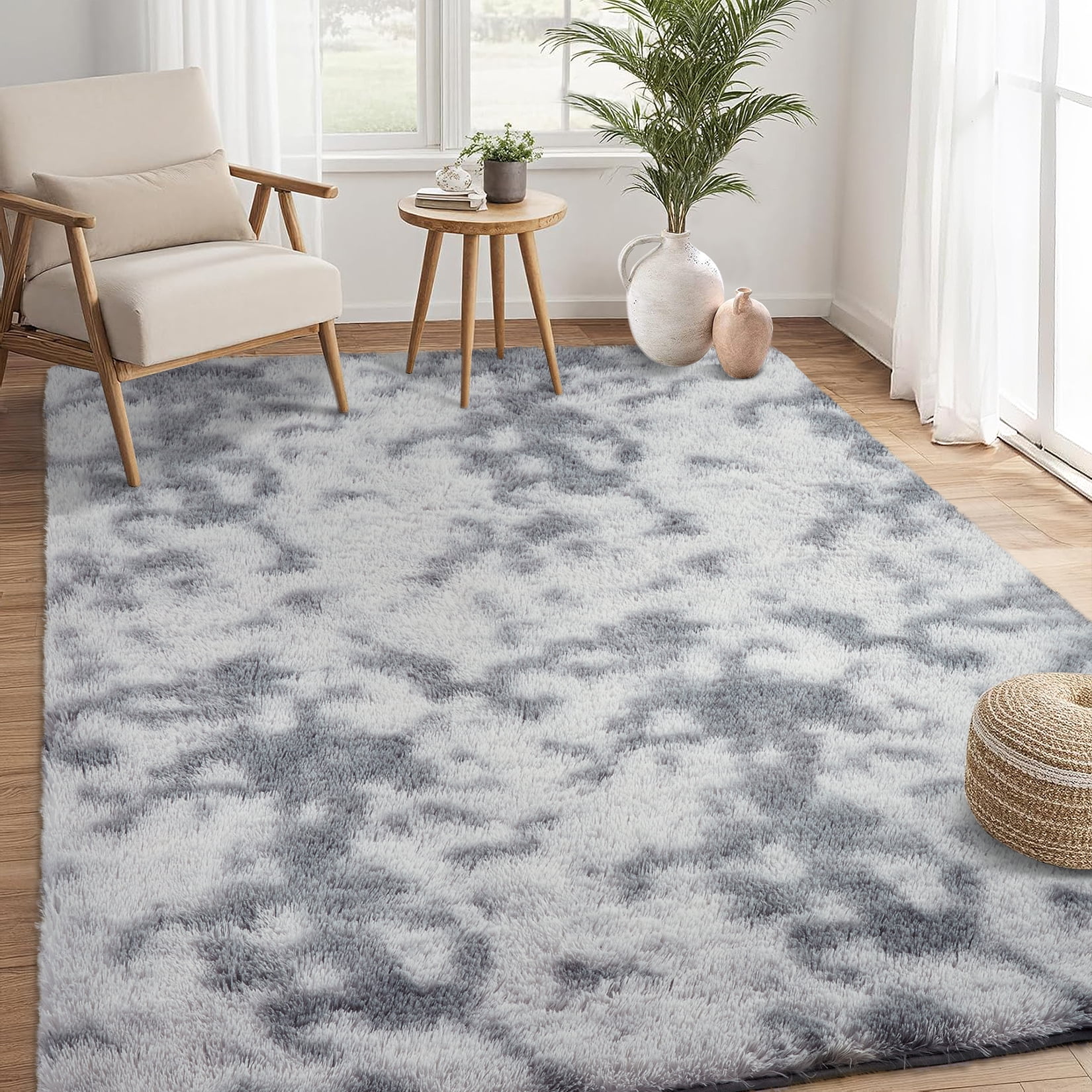 Hasoo Large Fluffy Area Rug 9' x 12' Area Rug for Living Room, Shaggy Non-Skid Plush Floor Cover Accent Rug for Indoor Bedroom Carpet, Light Gray