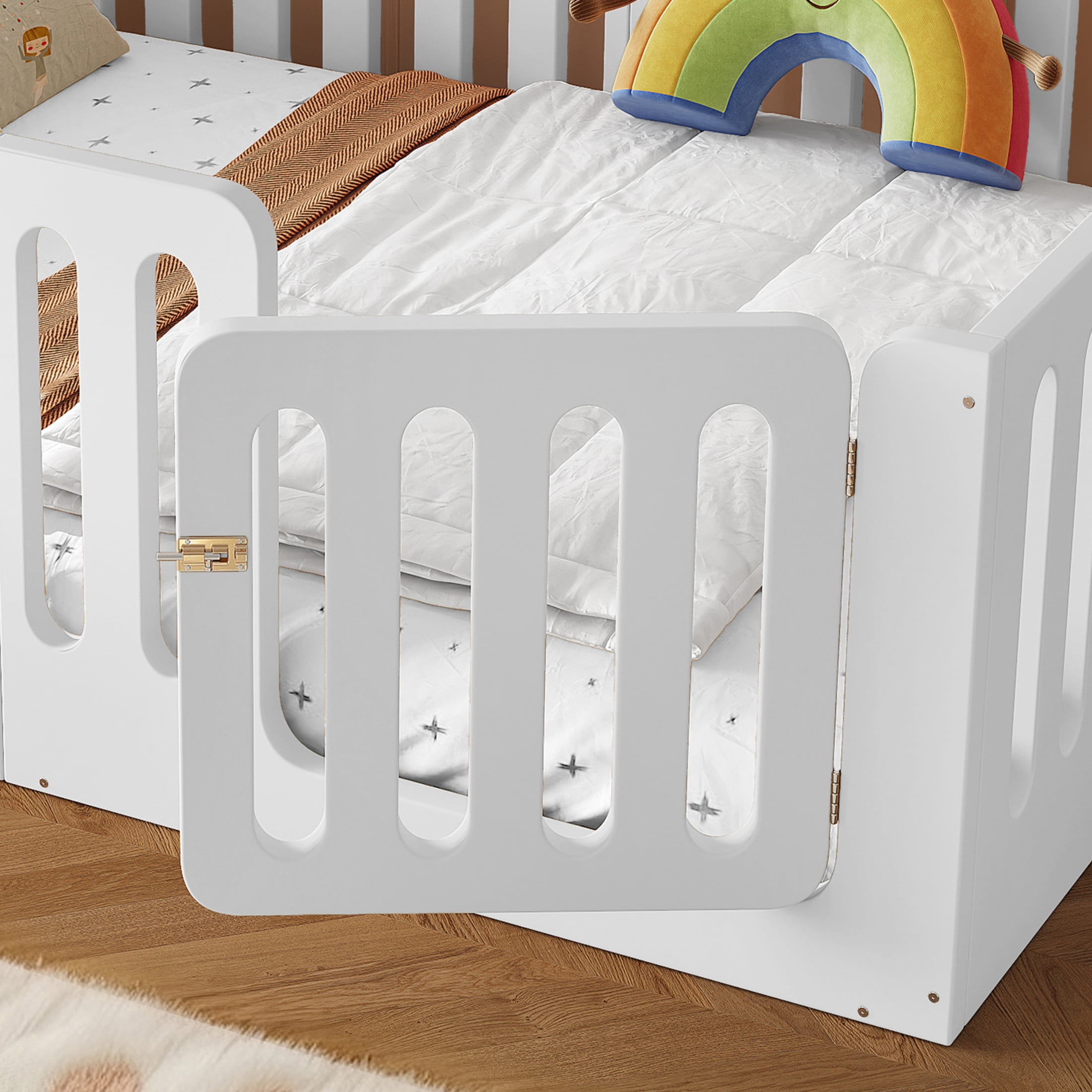GDF Studio Full Size Montessori Floor Bed with High Guardrails & Door, Low-Profile Design, White