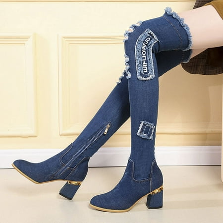 

HAOTAGS Womens Fashion Over The Knee Boots Hollow Denim Thigh High Womens Dressy Shoes Light Blue Size 7