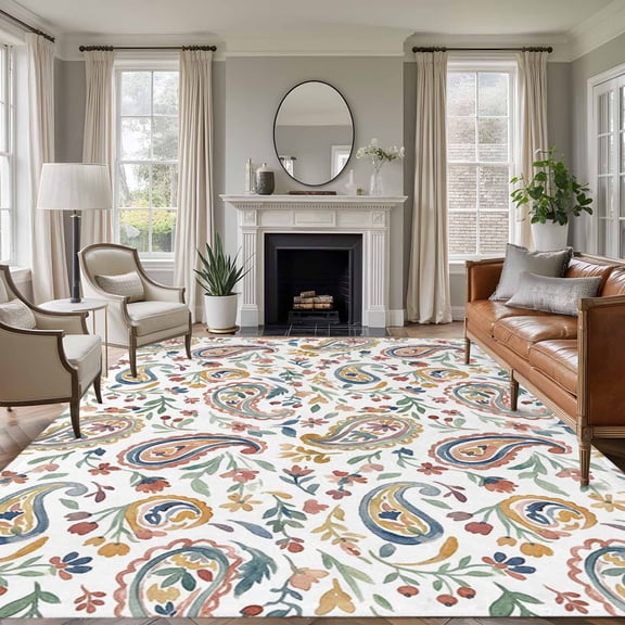 Rectangle Area Rugs 6 x 9 Ft, Paisley Flower Non-Slip Residential Carpet, Spring Watercolor Country Floral Leaf Plant Indoor Crawling Mats Runner Rugs for Living Room/Dining Room/Bedroom