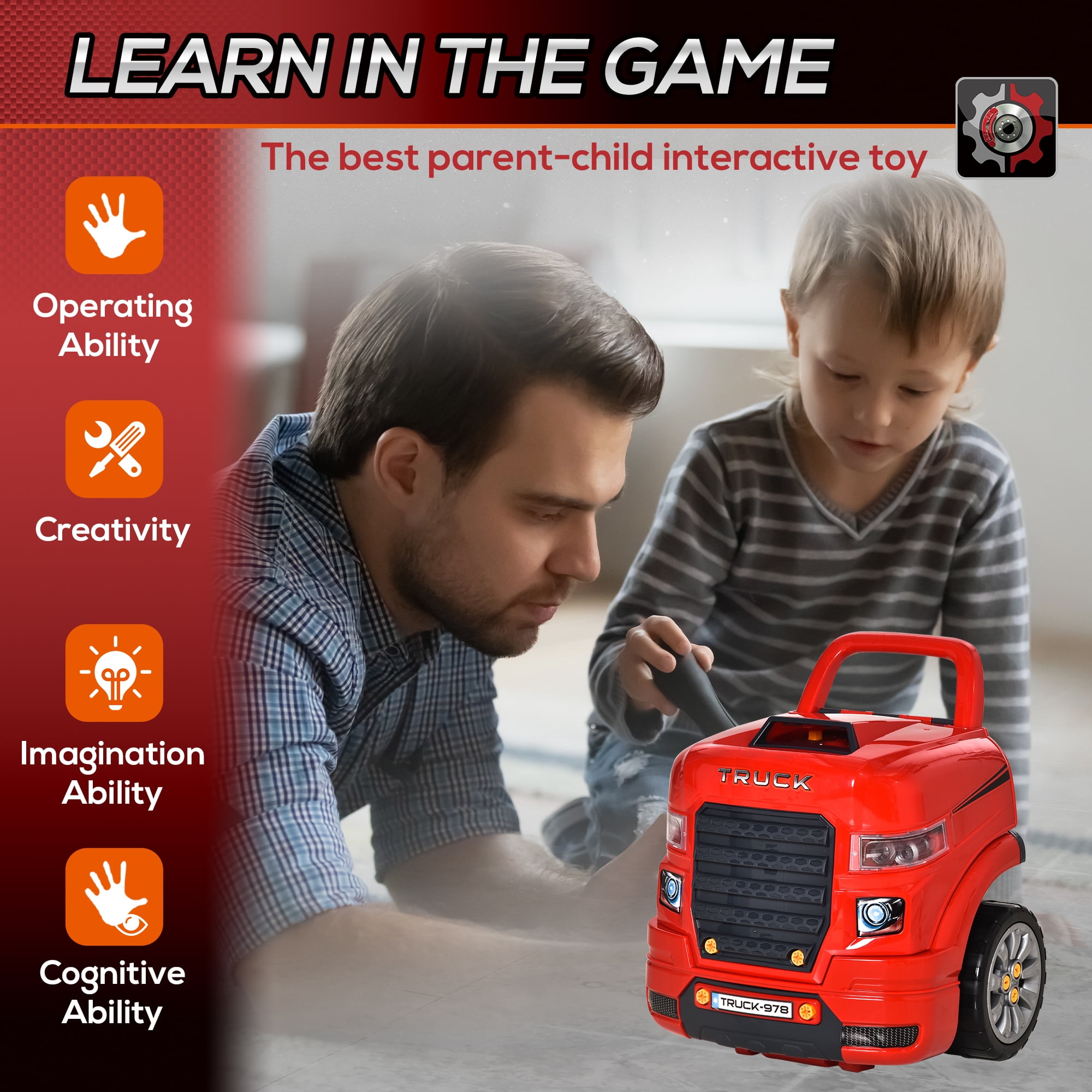 Qaba Mechanic Kids Truck Engine Toy Set, Car Service Playset, Engine Disassembly Play Workshop, 61 Pieces, Steering Wheel, Horn for 3-5 Years, Red