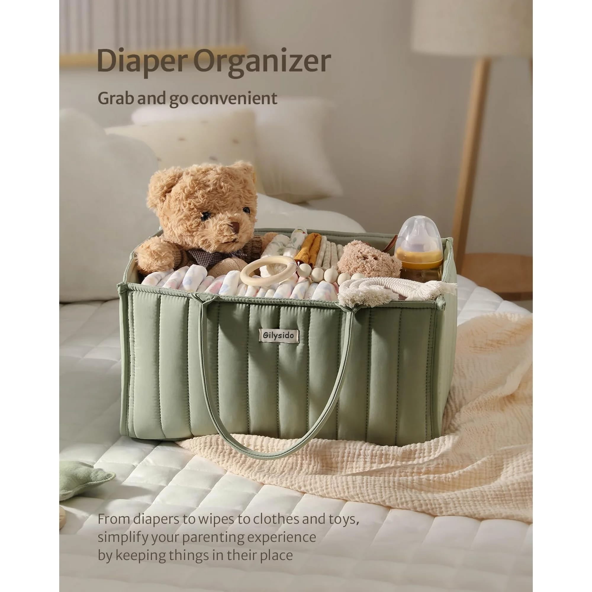 Gilysido Portable Cotton Diaper Caddy Organizer for Nursery, Baby Basket, Newborn Diaper Caddy in Green