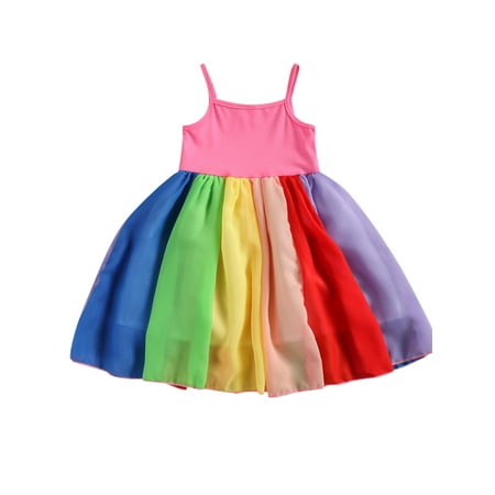 

Diconna Girls Rainbow Color Sling Dress Square Collar High Waist Sundress