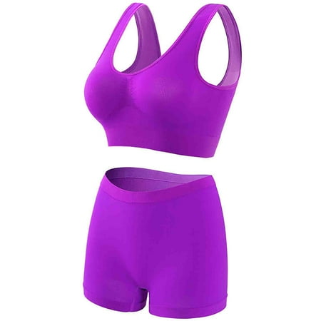 Virmaxy Womens Wirefree Sport Bras Boxer Shorts Set High Impact Workout Gym Activewear Set Workout Gathering Seamless Breathable Sports Underwear Panty Set Purple M