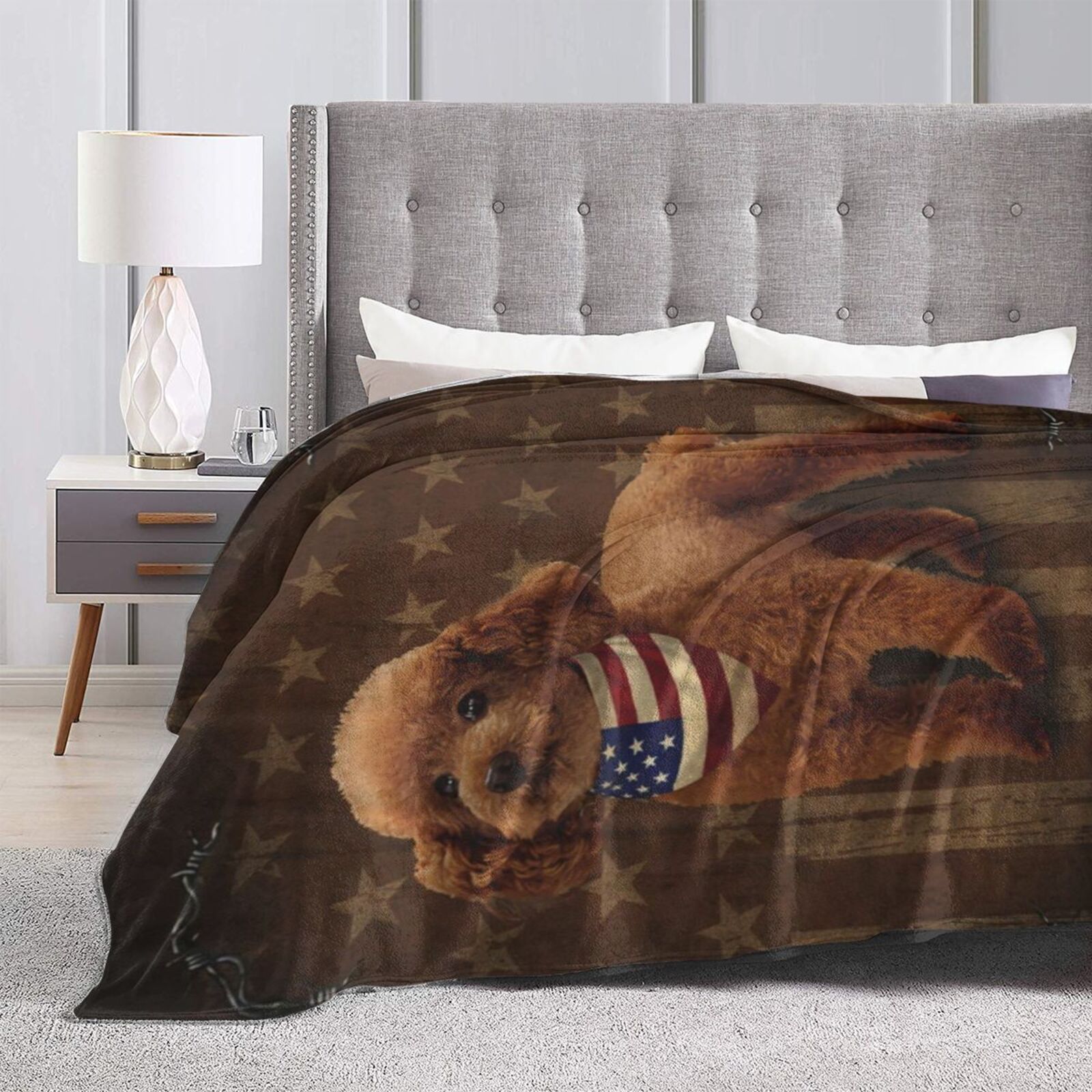 Wijzvio Cockapoo Dog With Vintage American Flag Throw Blanket Soft Fuzzy Fleece Blanket For Couch Bed Living Room Decoration 60"X50"