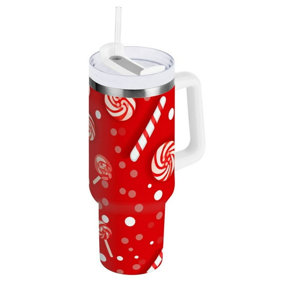 Christmas Candy Tumbler with Handle and Straw Insulated Travel Mug Reusable Stainless Steel Water Bottle 40 oz