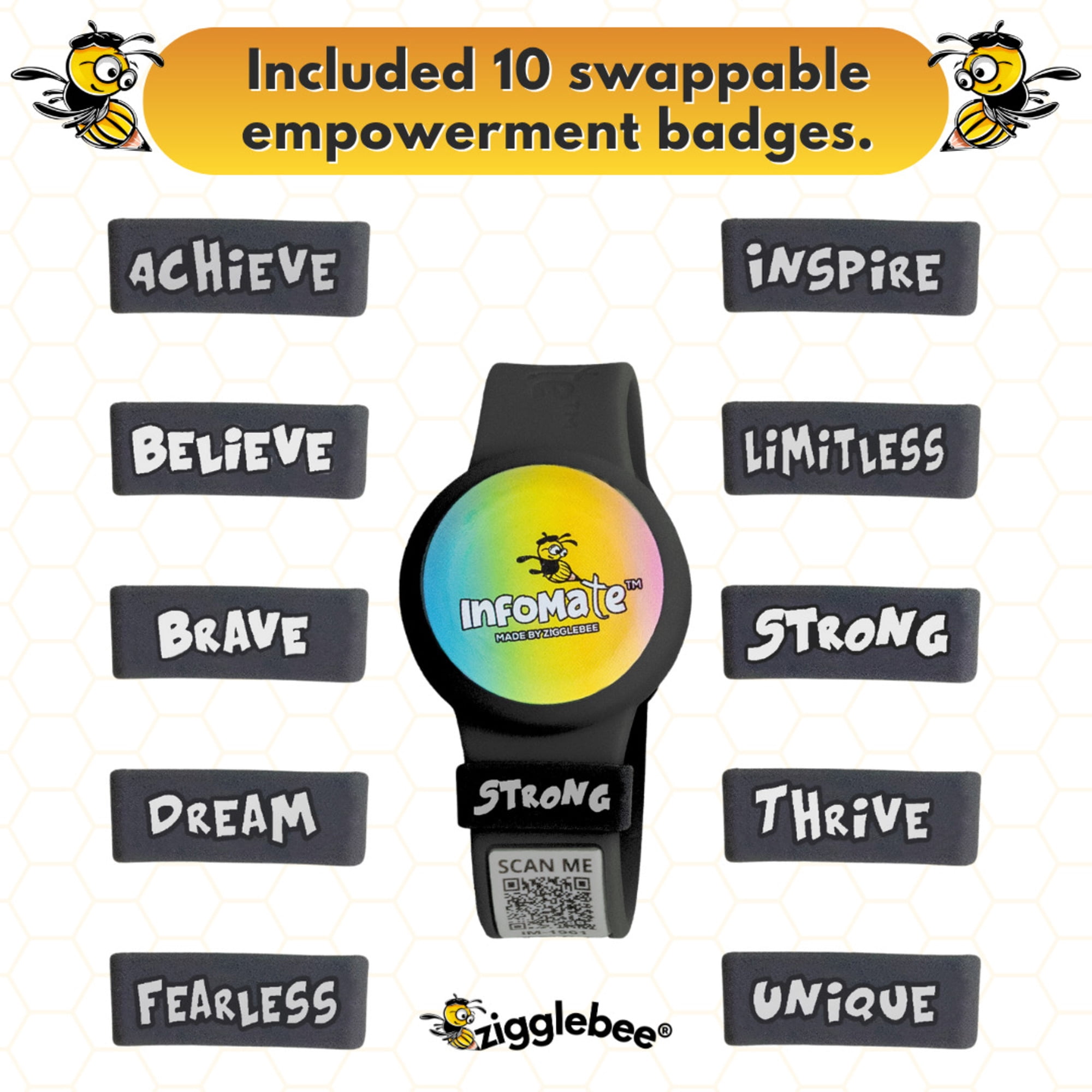 InfoMate by Zigglebee QR Code Medical Bracelet and AirTag Holder Wristband, Midnight Black, Pin Buckle