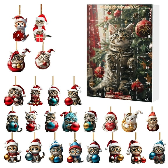 Cat Advent Calendar 2025 - 24 Days Christmas Countdown Calendar with Cute Kitten Ornaments for Cat Lovers, Holiday Home Decor and Festive Party Countdown Gift
