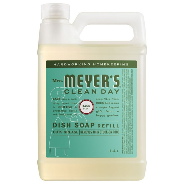 Mrs. Meyer's Clean Day Dish Refill Basil 1.4 L in a translucent plastic jug with white handle and cap, featuring a teal label that highlights its fresh basil scent, grease-cutting formula, and ability to remove 48-hour stuck-on food, suitable for household dishwashing.