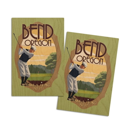 Bend, Oregon, Golfer, Take a Swing at It, Contour (4x6 Birch Wood Postcards, 2-Pack Stationary, Rustic Home Wall Decor)