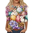 thumbnail image 2 of HAVUITYY Women's Easter 3/4 Sleeve Sweater, Cute Bunny Eggs Pattern Crew Neck Pullover, Spring Oversized Casual Going Out Tops, 2 of 5