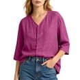 thumbnail image 3 of LEKWK Linen Tops for Women 3/4 Sleeve Button Down Tunic Tops Loose Fit V Neck Lightweight Solid Shirts Summer Beach Vacation Daily Outfits, 3 of 5