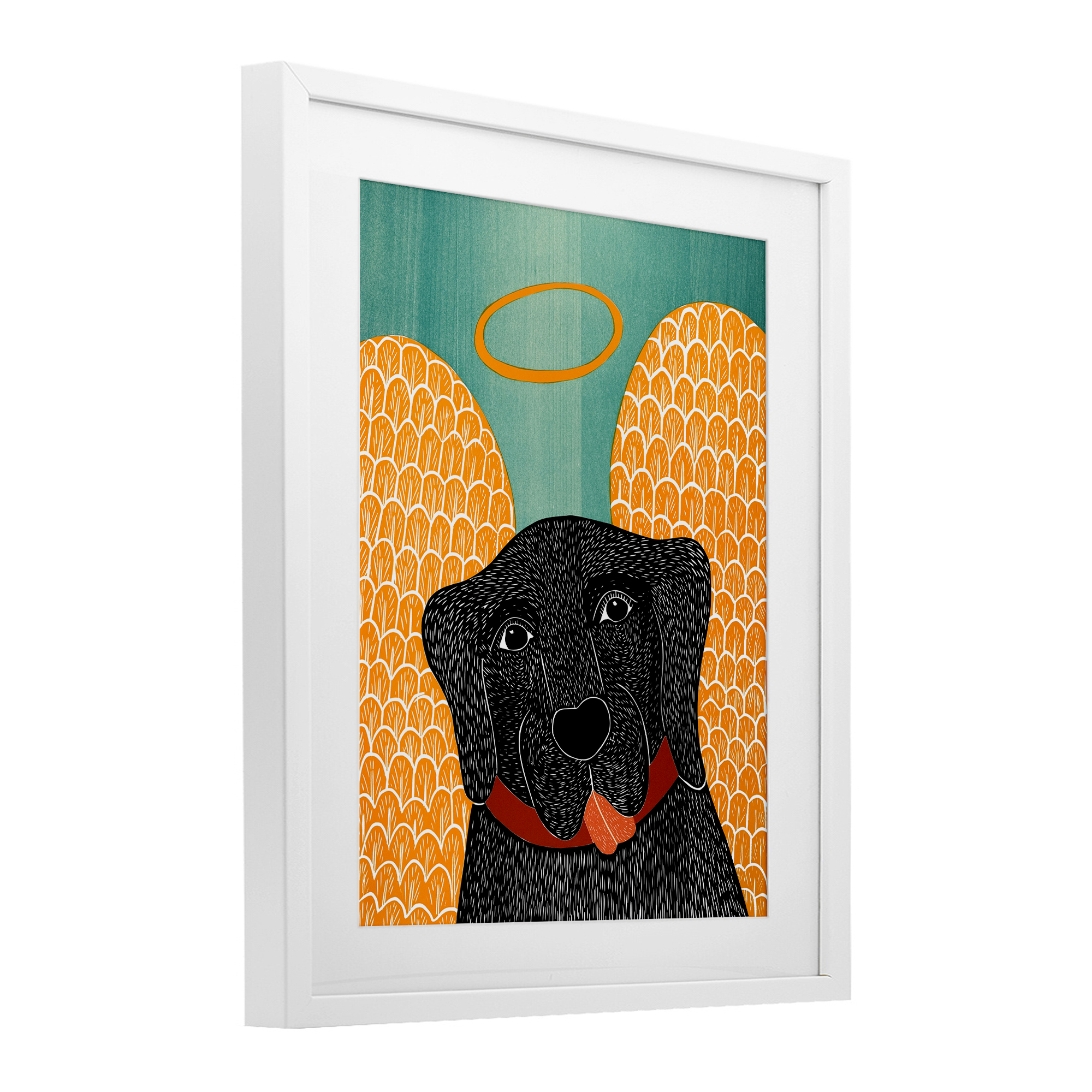Dog Angel with Yellow Wings White Framed Print Under Glass, design by Stephen Huneck