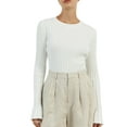 thumbnail image 2 of Women'S Long-Sleeved Shirt, Ribbed Knit T-Shirt, Slim-Fit, Round-Neck Basic T-Shirt Top White S, 2 of 9