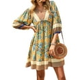 thumbnail image 2 of Liacowi Women Boho Floral Print Dress Tunic T shirt Summer 3/4 Sleeve V Neck Beach Dress Flowy Swing Casual Short Dress, 2 of 4