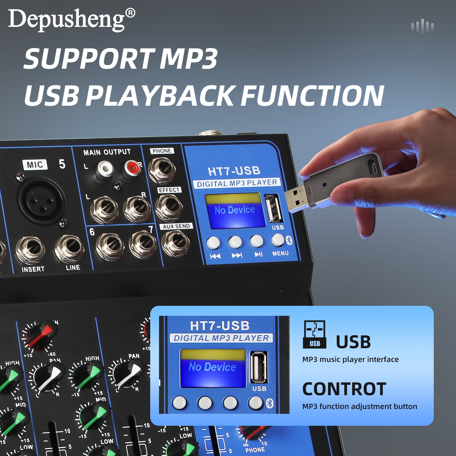Depusheng HT7 Professional Audio Mixer Mixing Console 48V ower for Computer Recording, 7-Channel Bands Mixing Boards For Studio Recording