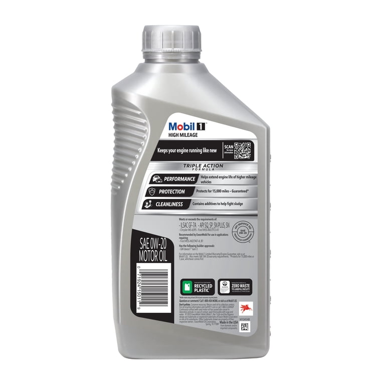 Mobil 1 High Mileage Full Synthetic Motor Oil 0W-20, 1 Quart