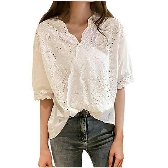 Mittory Women's Short Sleeve Blouses Eyelet Floral Hollow Out Embroidery Summer Work Casual Blouse Top