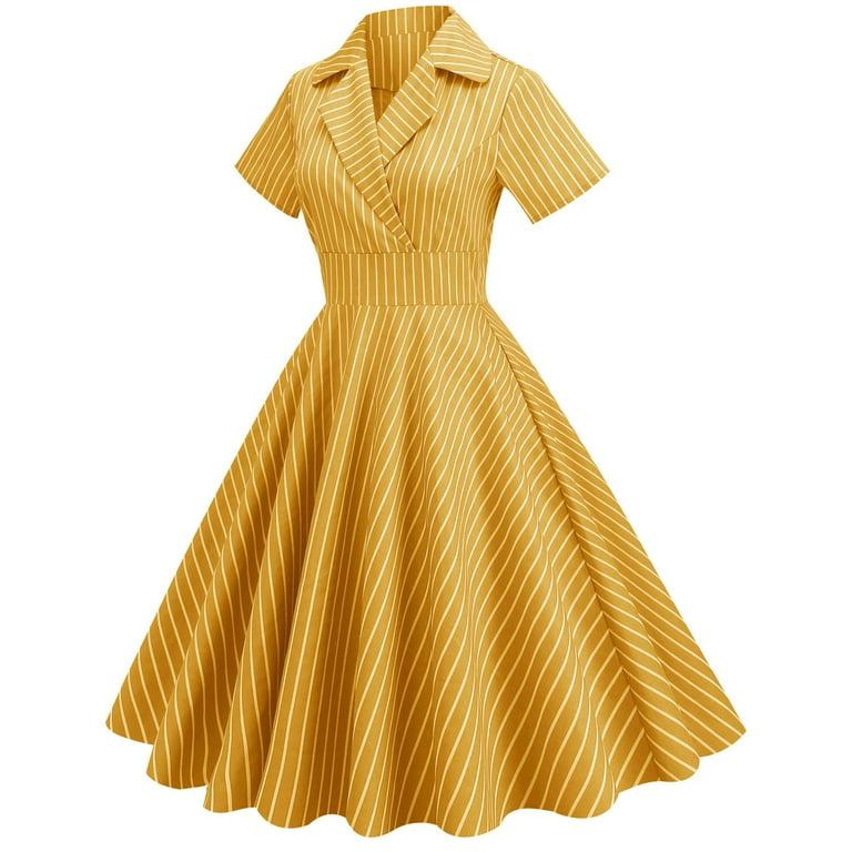 Women s Retro 1950 s Cocktail Dress Striped Short Sleeve Vintage Dress Tea Party Prom Evening Gown Swing Midi Dress Walmart