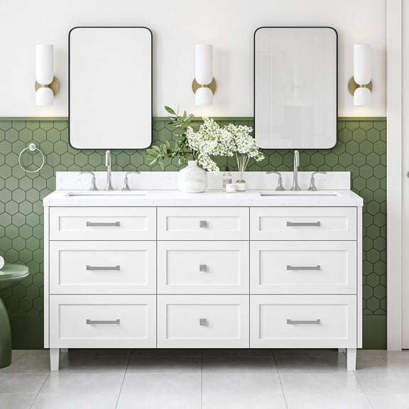 Ariel Monroe 66 Inch Double Rectangular Sink Bathroom Vanity With Carrara White Quartz Countertop 1.5 inch Edge In White