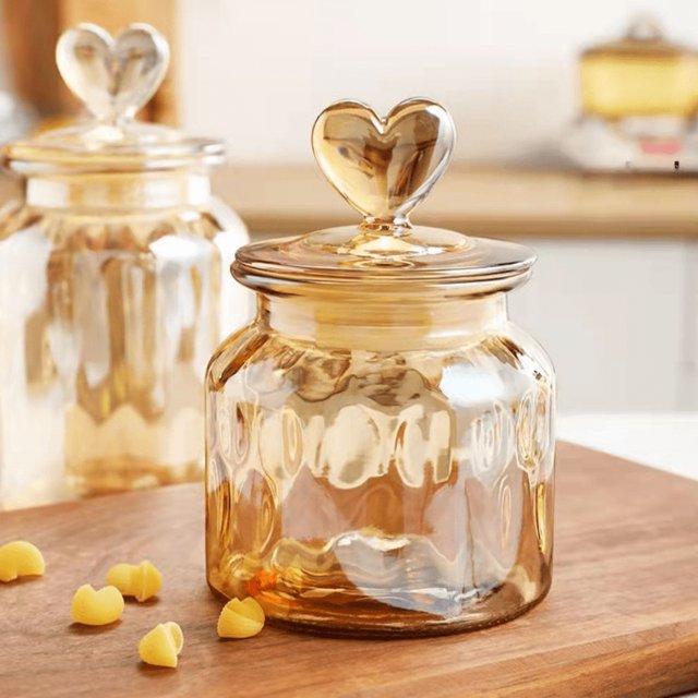 Tarro de cristal con tapa de amor, color ámbar, para almacenar y sellar, para frutos secos, granos de café, cáscara de naranja, hojas de té