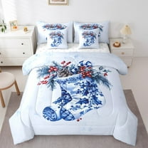 Manfei Vintage Christmas Stocking 7-Piece Twin Bedding Sets,Merry Xmas 7-Piece Bedding Comforter Set,Red Berry Sheet Sets For Children,Luxury Bedroom Decor