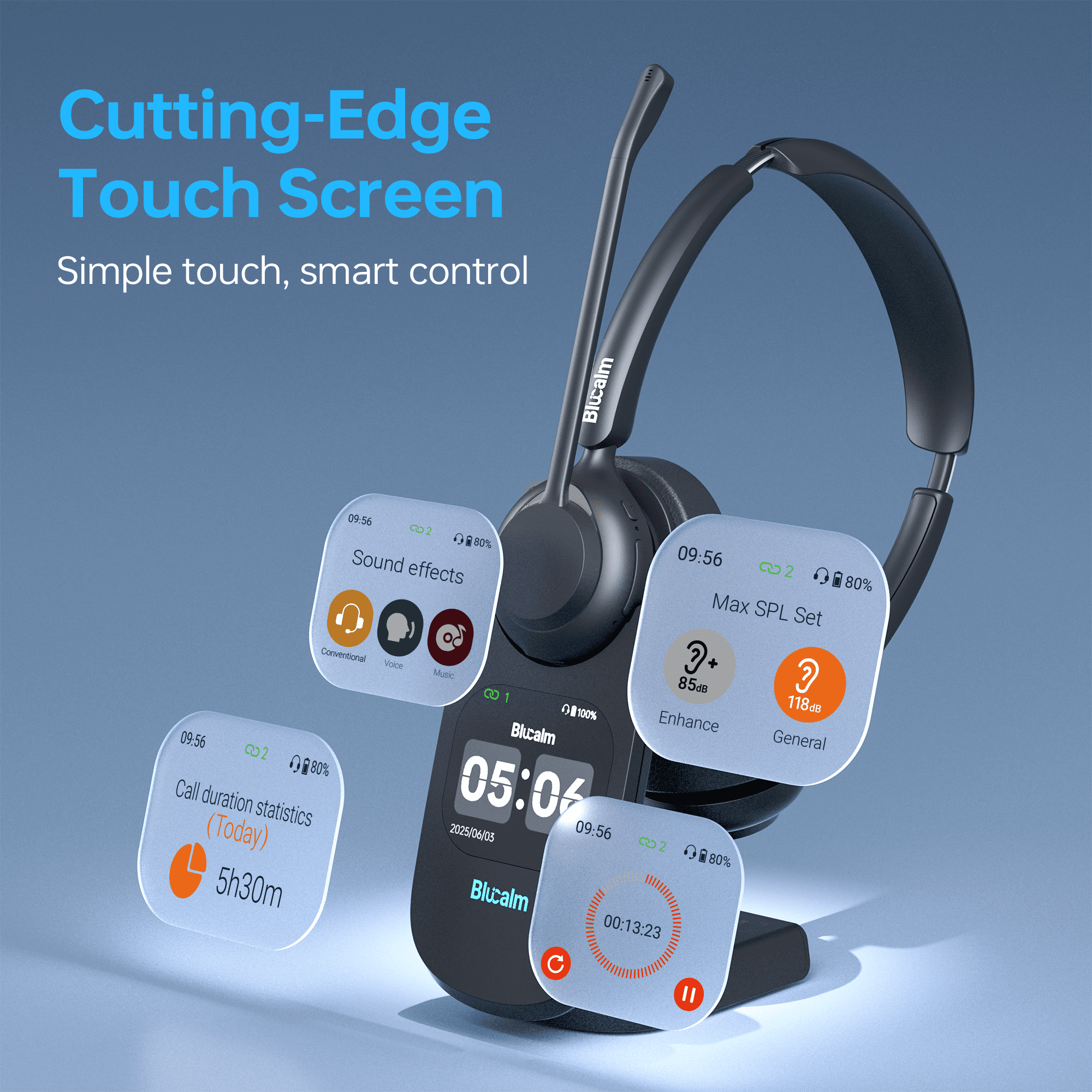 Blucalm Wireless Headset with Mic for Work - V5.4 Headset with Noise Canceling, PC Headphones with Mic Mute & USB Dongle, Smart Dock with Touch Screen for Work from Home, Teams, Zoom