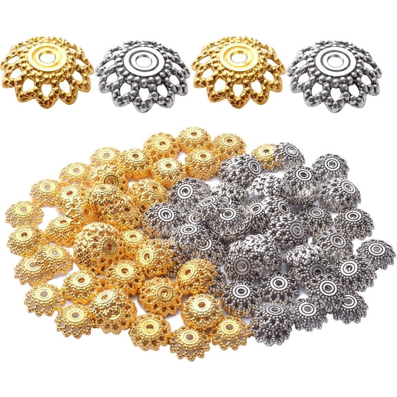 200pcs 12mm Flower Filigree Bead Caps Alloy Spacer Beads Caps Flower End Caps Loose Beads for Bracelet Necklace DIY Jewelry Making Crafts Supplies