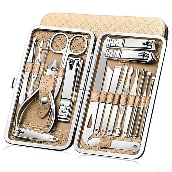 19 PCS Nail Clippers Manicure Set, Stainless Steel Professional Grooming Pedicure Tool Kits with Portable Case, Khaki