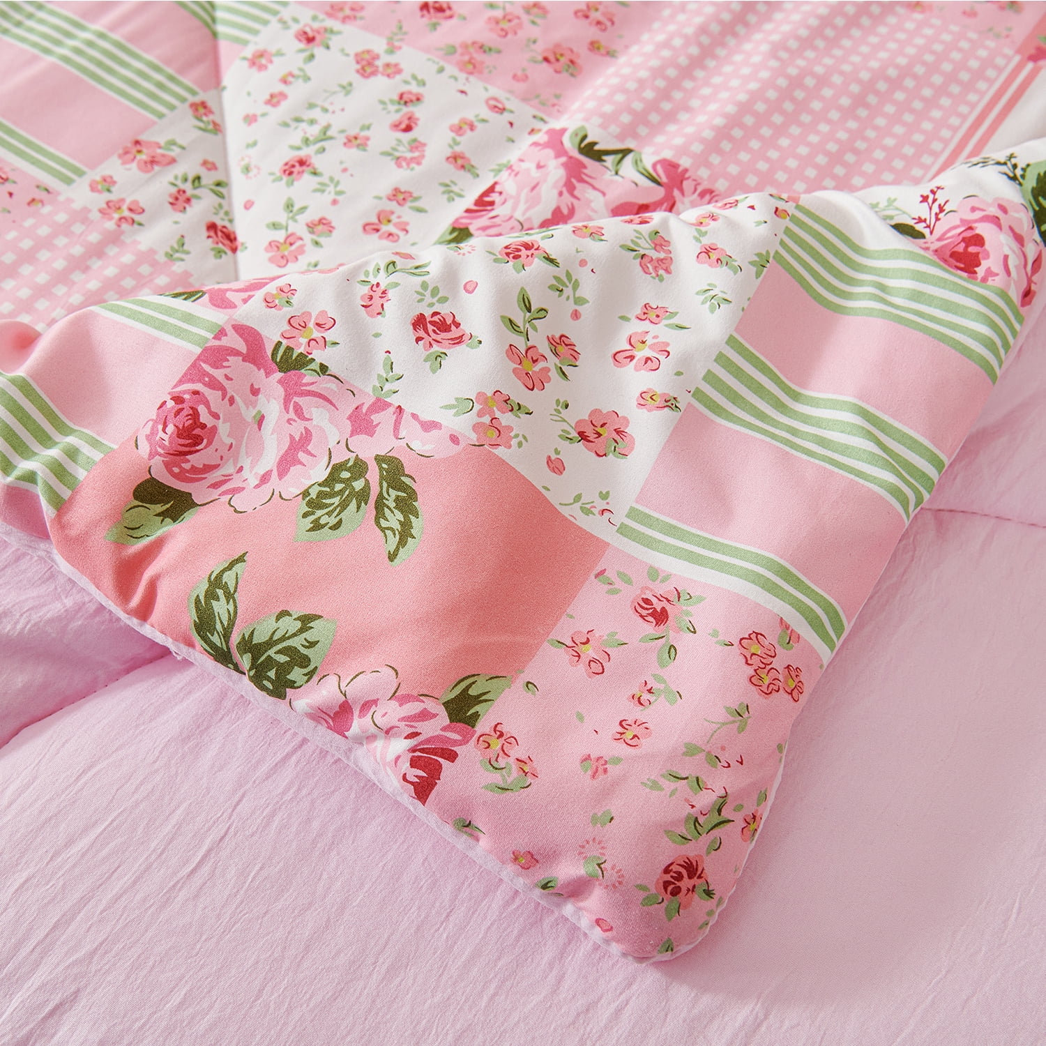 Evenhug Comforter 3-Piece Queen Pink Patchwork Floral Comforter Set With Pillowcases