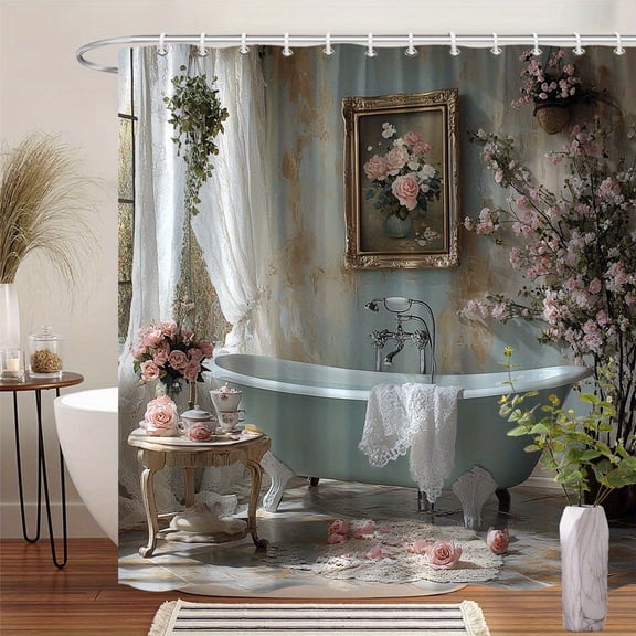 Vintage Turquoise Clawfoot Bathtub Shower Curtain with Hooks, 70x70 Inch Bathroom Decor, Vintage Bath Curtain Decoration