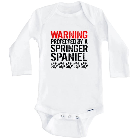 Warning Protected By A Springer Spaniel Funny One Piece Baby Bodysuit Funny Dog Baby Bodysuit (Long Sleeve), 0-3 Months White