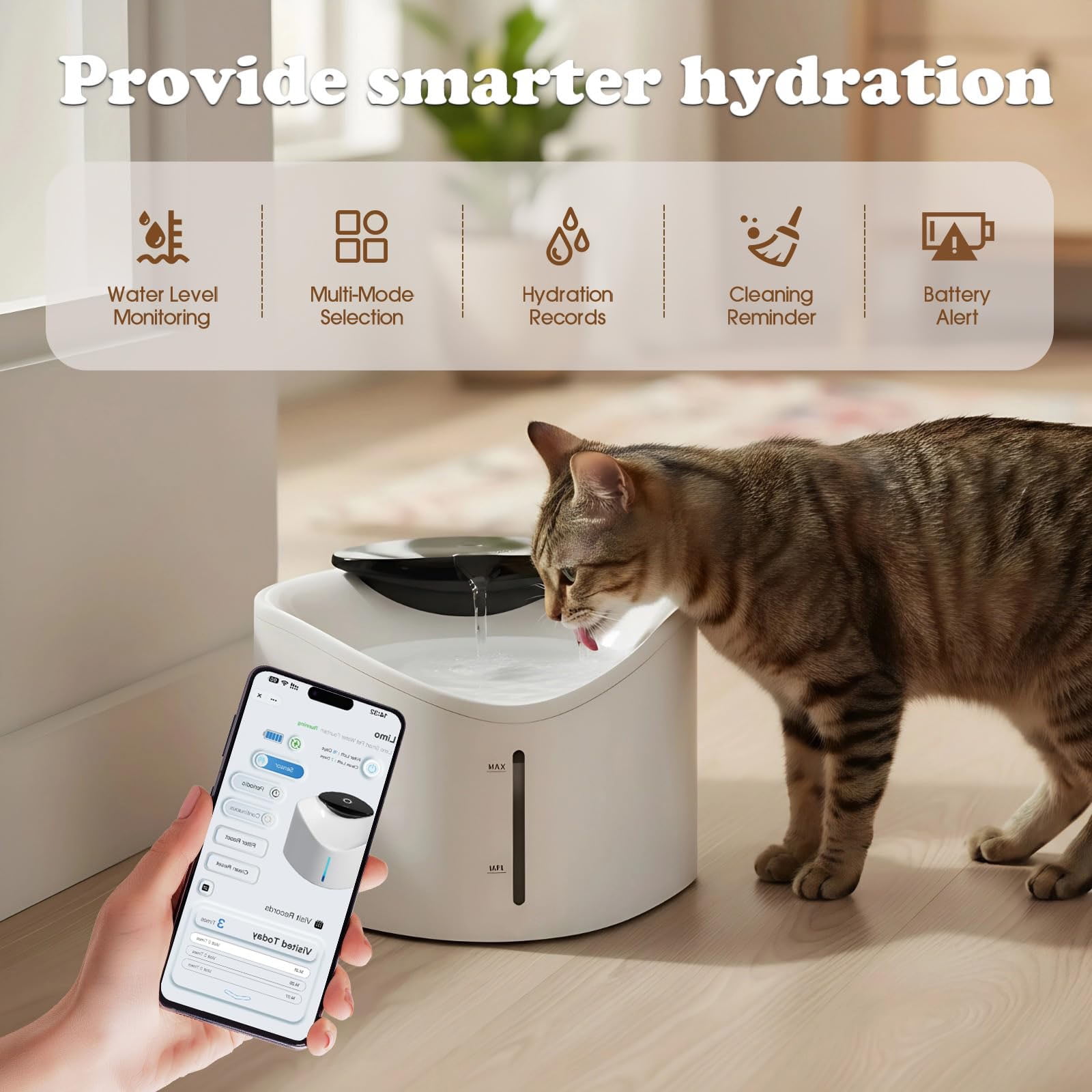 Cat Water Fountain, Smart App Control, BPA-Free Ensure Safety, Cordless & Quiet, Ultra-Long Battery Operated, Cat Fountains for Drinking with Smart Hydration Tracking, Refill  Cleaning Reminder