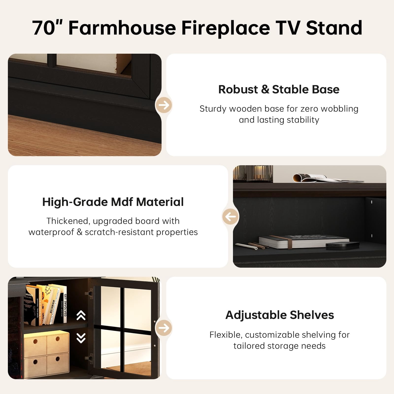 Sonegra 36 Inch Fireplace TV Stand with LED Light, Entertainment Center with 3-Sided Glass Fireplace for TVs up to 80", TV Console, Black