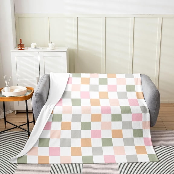 Plush Checkerboard Throw Blanket for Couch Soft Pastel Checkered Fleece Blanket for Bed Living Room