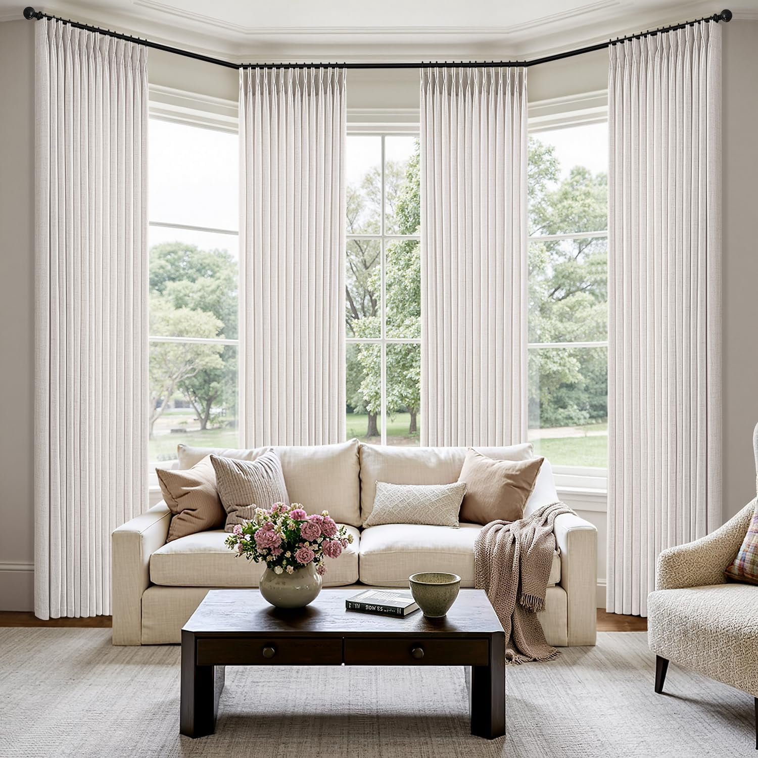Pinch Pleated Thick Linen Curtains 84 Inch 4 Panels Set Back Tab Memory Trained Pinch Pleat Semi Sheer Light Filtering Curtains Let Light in Window Drapes for Living Room Bedroom Beige White