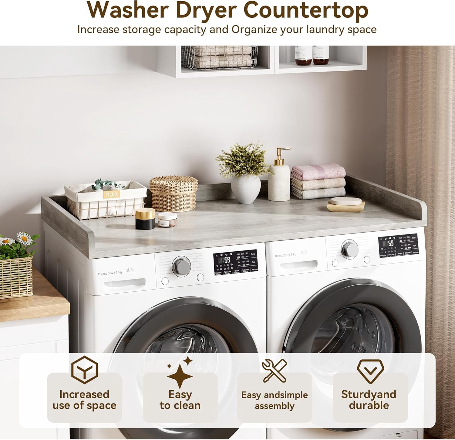 Washer Dryer Countertop, laundry topper with Edge and Non-Slip Pad for Washer Dryer Laundry Hamper Counter Storage Organization 54"x27.5" ，Grey