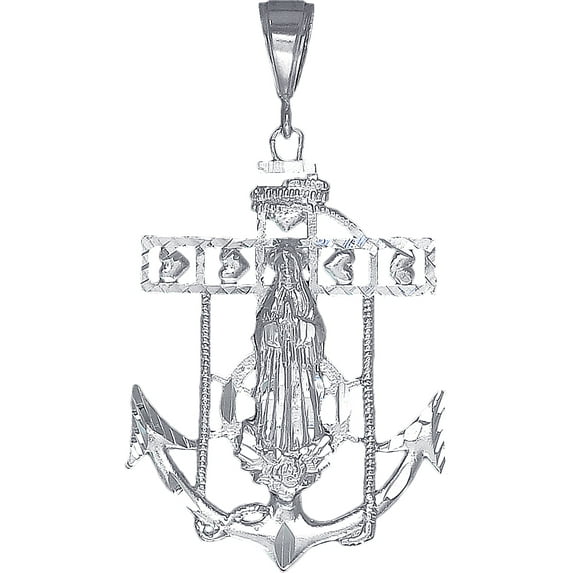 Sterling Silver Anchor Cross with Virgin Mary and Hearts Diamond Cut Finish with Figaro Chain