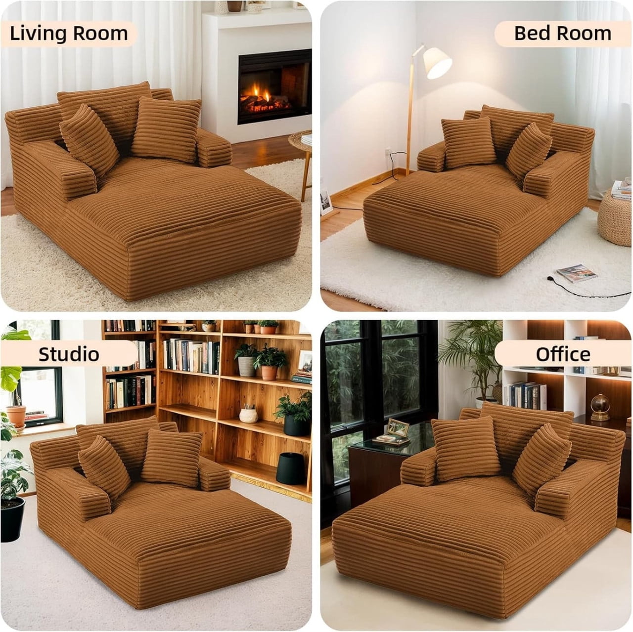 Oversized Chaise Lounge Chair Indoor, Upholstered Sofa Bed Sleeper Sofa Corduroy Cloud Couch Boneless Sofa Reading Chair with 3 Pillows for Living Room, 49.2''x66.1''