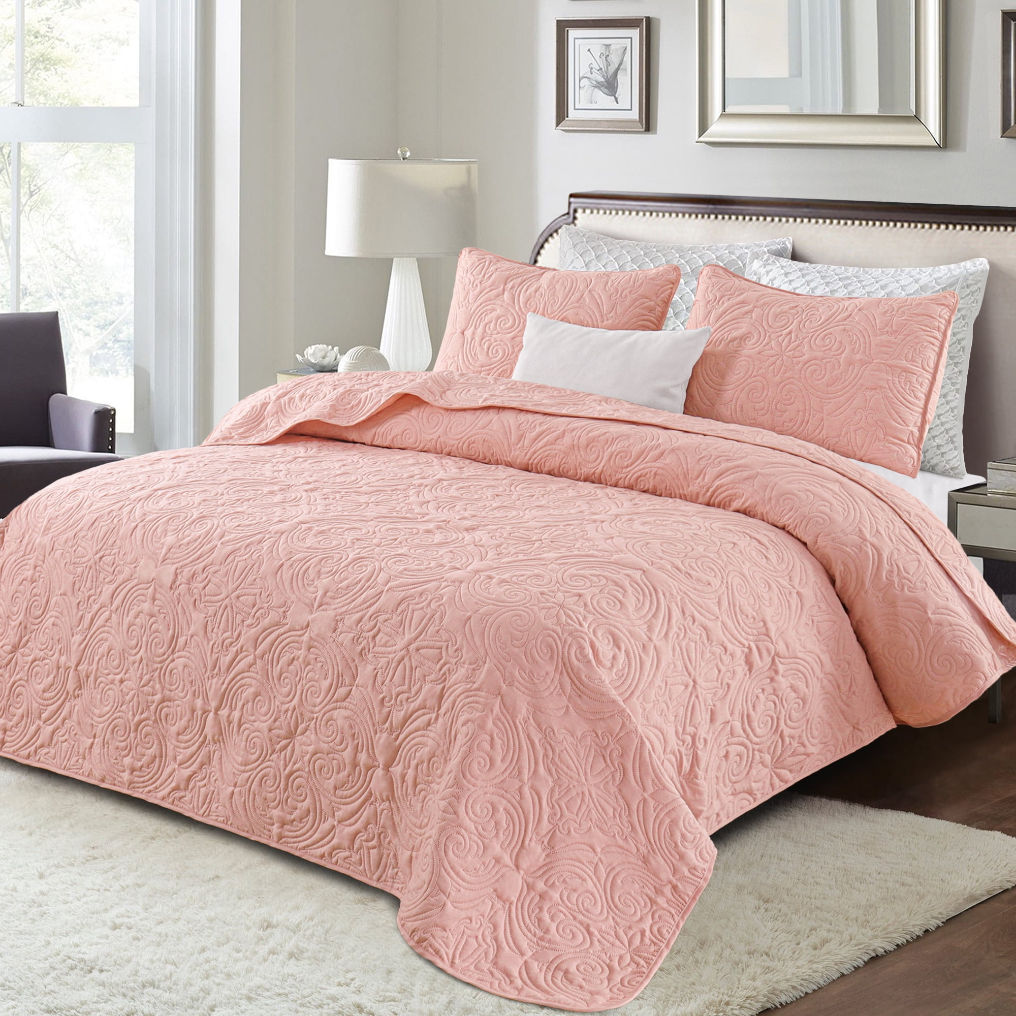 Exclusivo Mezcla King Quilt Bedding Set, Lightweight Vintage King Size Quilts with Pillow Shams, Soft Bedspreads Coverlets for All Seasons (104"x96", Blush Pink)
