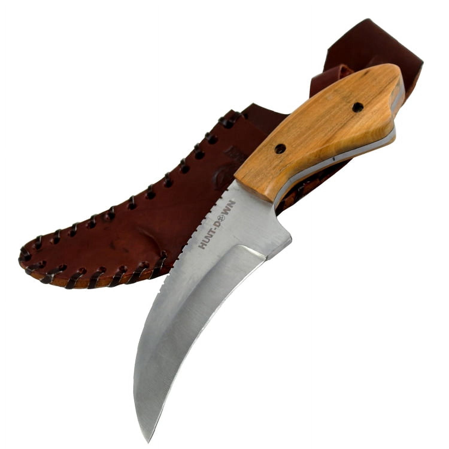 Hunt Down 9' Wood Handle Full Tang Stainless Steel Hunting Knife With Leather Sheath