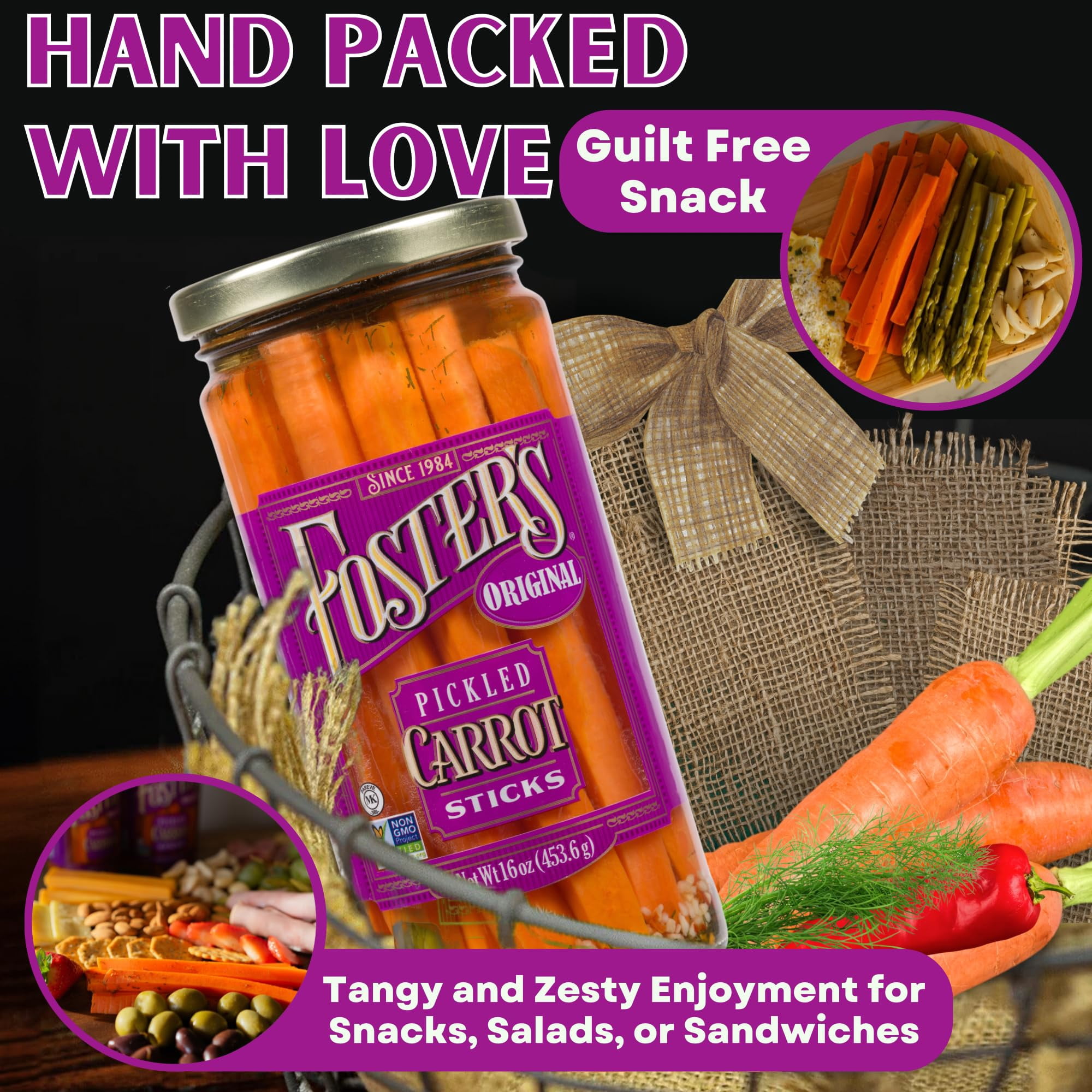 Foster's Pickled Carrots in a Jar, Original, 16oz, 2 Pack, Traditional Pickled Carrot Sticks Recipe for over 40 years, Low Calorie Snack, Gluten Free, Fat and Preservative Free