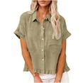 thumbnail image 3 of nerohusy Womens Cropped Linen Shirt Button Down Short Sleeve Blouses Summer Lightweight Loose Lapel Shirts,Green,M, 3 of 10