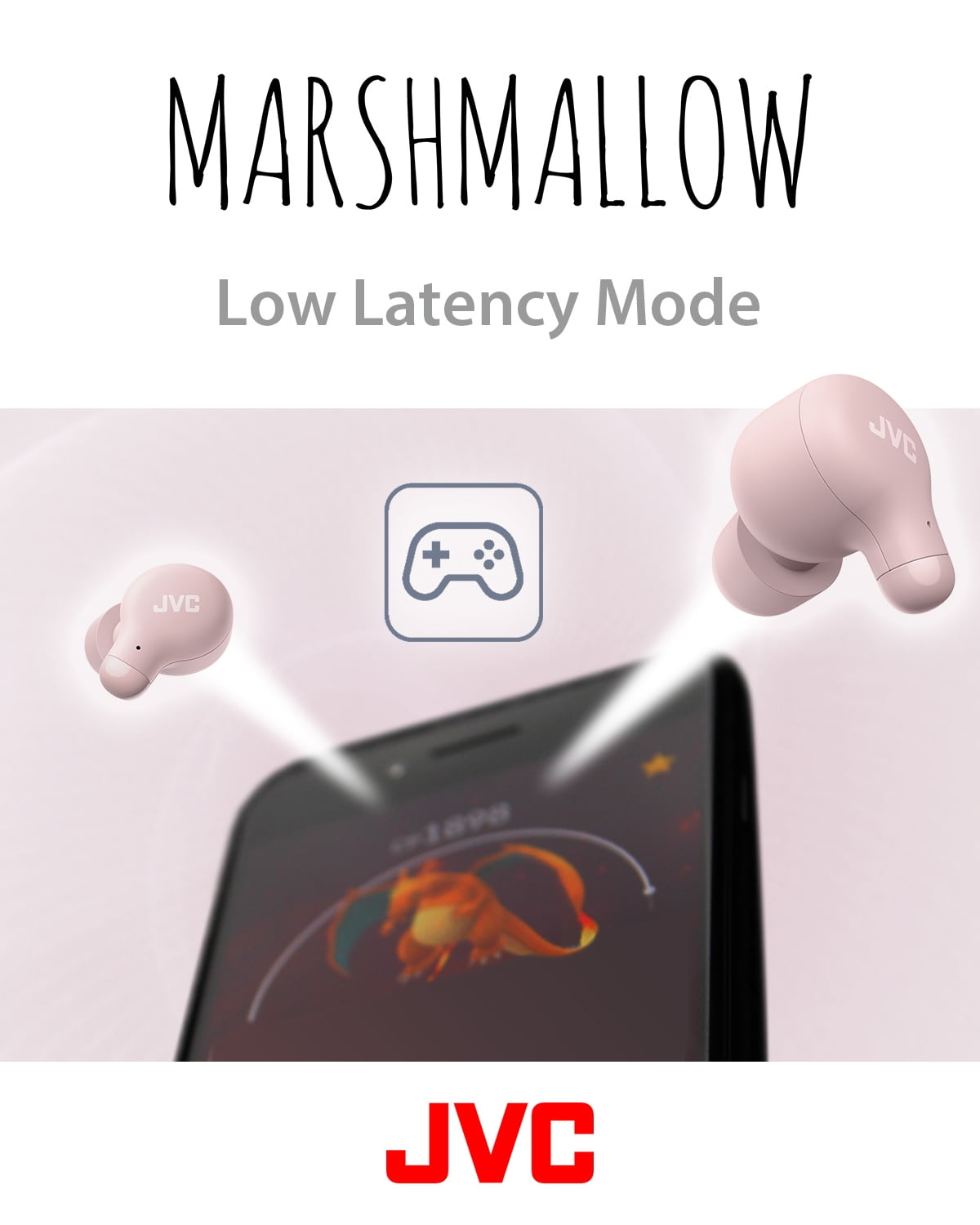 JVC Marshmallow True Wireless Earbuds HAA18TP with Memory Foam Earpieces, Pink