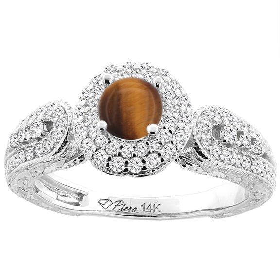 14K White Gold Natural Tiger Eye & Diamond Halo Ring Round 5 mm, size 8.5