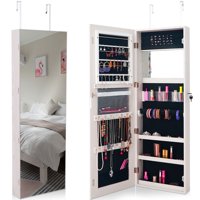Costway Wall&Door Mounted Jewelry Cabinet Lockable Storage Organizer w/ Frameless Mirror WhiteBrownBlack