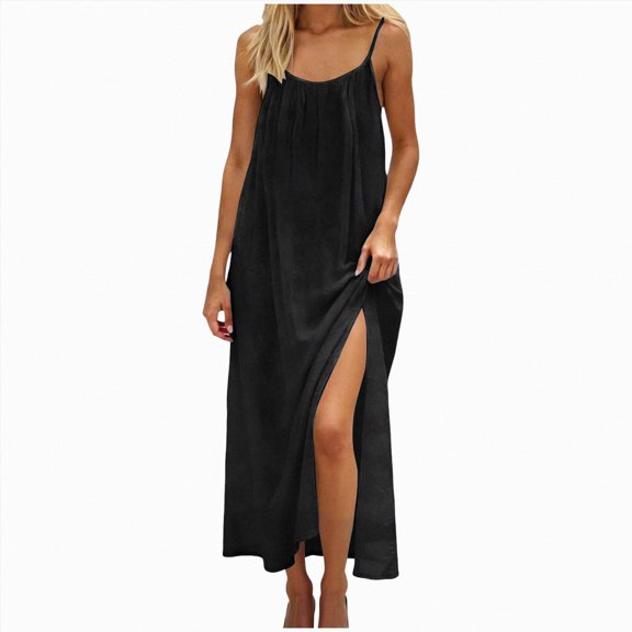 Gubotare Women's Maxi Dresses for Women Casual Long Summer Sun Dresses 2026 Spaghetti Strap Hawaiian Vacation Outfits for Women (Black,L)