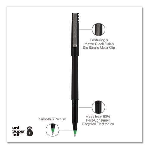Roller Ball Pen, Stick, Micro 0.5 Mm, Green Ink, Black Matte Barrel, Dozen | Bundle of 2 Dozen
