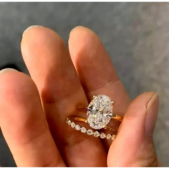 14k Yellow Gold Over Oval Cut Lab Created Diamond Wedding Bridal Ring Set 3 Ct