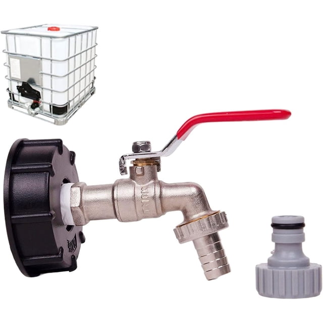 1000L Tank Tap Rainwater Collector Tap, IBC Water Tank Adapter 1/2" Double Brass Tap PP Coarse Thread 60mm (1pc)